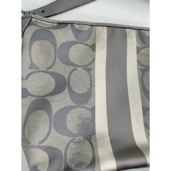 DAMAGED Coach Signature C Monogram Medium Tote Gray White Stripe Down Middle - Picture 7 of 15
